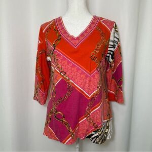 JM Collection Women’s Medium Petite 100% Cotton Top Embellish Vneck Orange Pink